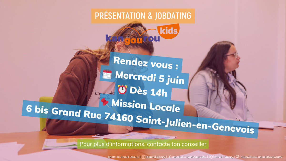 mlgenevois's tweet photo. [EVENEMENT]📅
@kAnnemasse viens présenter les métiers de la garde d'enfants. La présentation sera suivie d'un job dating !
 
 📆 mercredi 5 juin
 ⏰ Dès 14h
 
 Pour plus d'informations, contacte ton conseiller📞 https://t.co/ejYAp74MoS