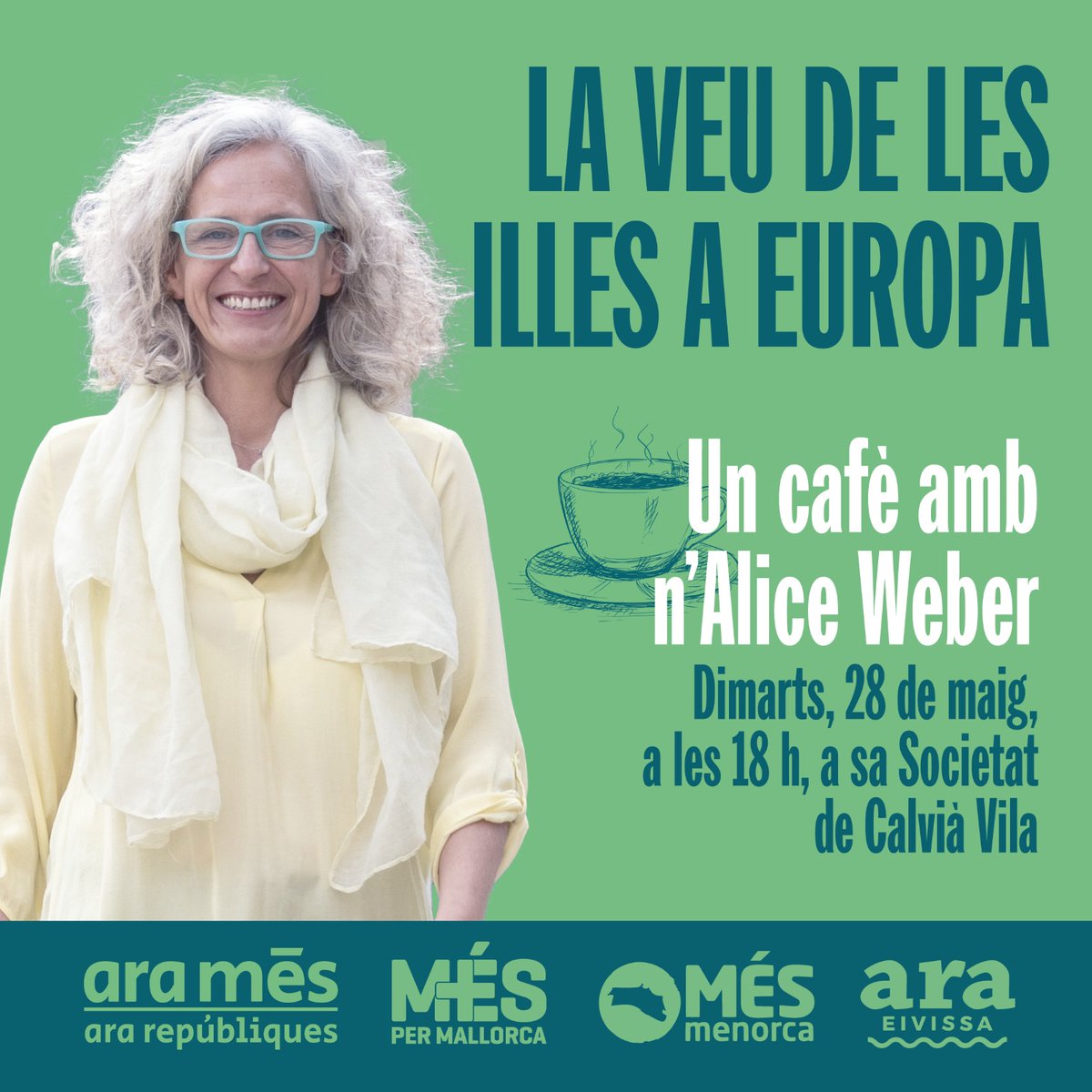 🇪🇺 Perquè és imprescindible que se'ns escolti a Europa!

☕ Vine aquest dimarts a sa Societat a fer un cafè amb <a href="/NaAliceWeber/">Alice Weber</a>, candidata de <a href="/MESperMallorca/">MÉS per Mallorca</a> <a href="/aramesIB/">arames</a> a les Eleccions Europees, per conèixer les nostres propostes i traslladar les teves idees.

#AraRepúbliques