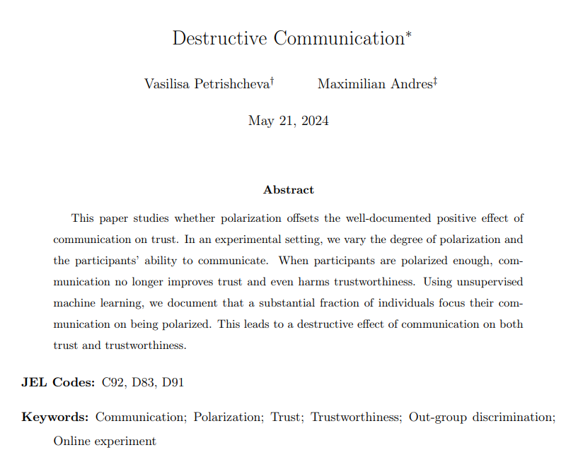 ✨New paper alert✨

I'm excited to share that our new paper 'Destructive Communication' (w/ Maximilian Andres) is available online: papers.ssrn.com/sol3/papers.cf…

TLDR: Communication is destructive when communicators are polarized enough. 

🧵1/N

#EconTwitter