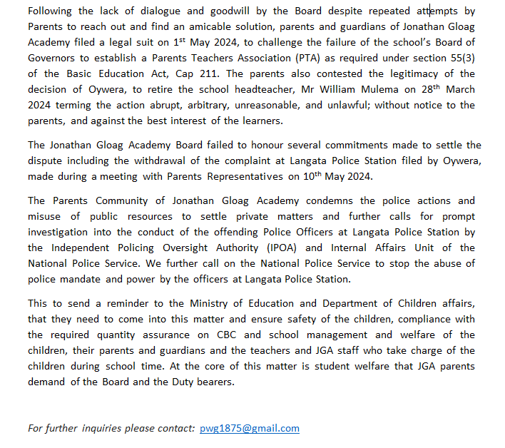 Power Struggle at Jonathan Gloag Academy

Parents and Guardians of Jonathan Gloag Academy (JGA) are accusing police of intimidation and harassment in a dispute with the school's board.

The controversy centers around the retirement of the school's headteacher in March 2024 and a