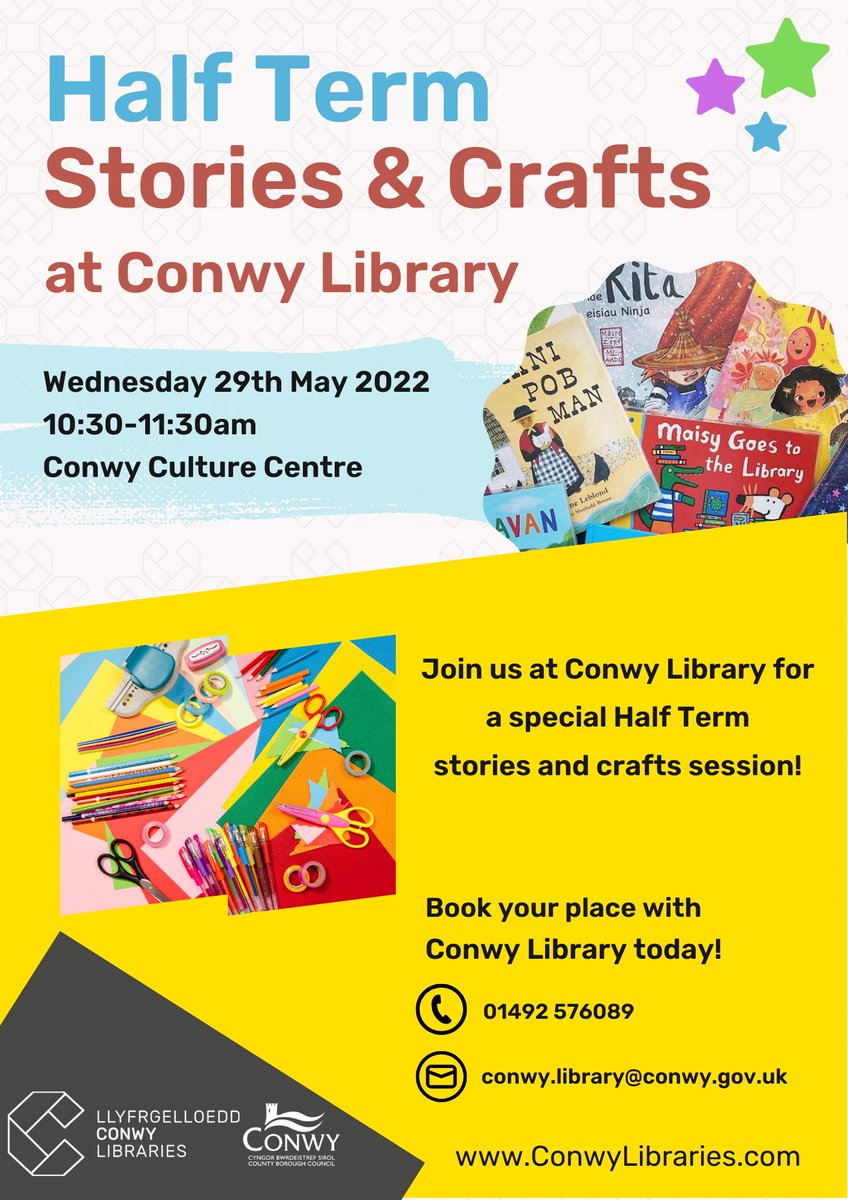 Half Term Stories & Crafts 🎨 Join us at Conwy Library for a special Half Term story & craft session! 👇 📆 Wednesday 29th May 🕐 10:30 – 11:30 📍Conwy Culture Centre Book your place with Conwy Library ☎️01492 576089 ✉️Conwy.library@conwy.gov.uk