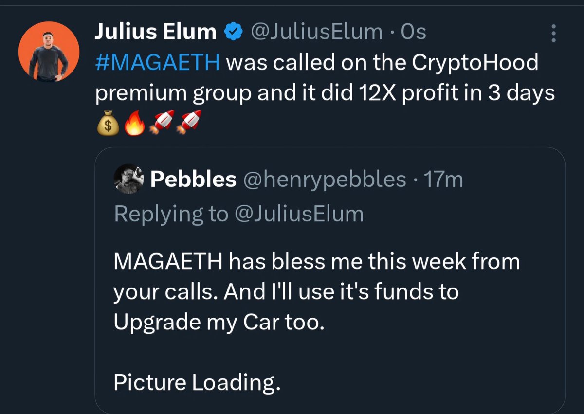 Congratulations man, car upgrade loading💰🔥🚀

$MAGAETH was called on the CryptoHood premium group

It pumped to 12X profit in 3 days.

After such huge profit this young man wants to use his profit to upgrade his car🔥🔥💰🚀🚀