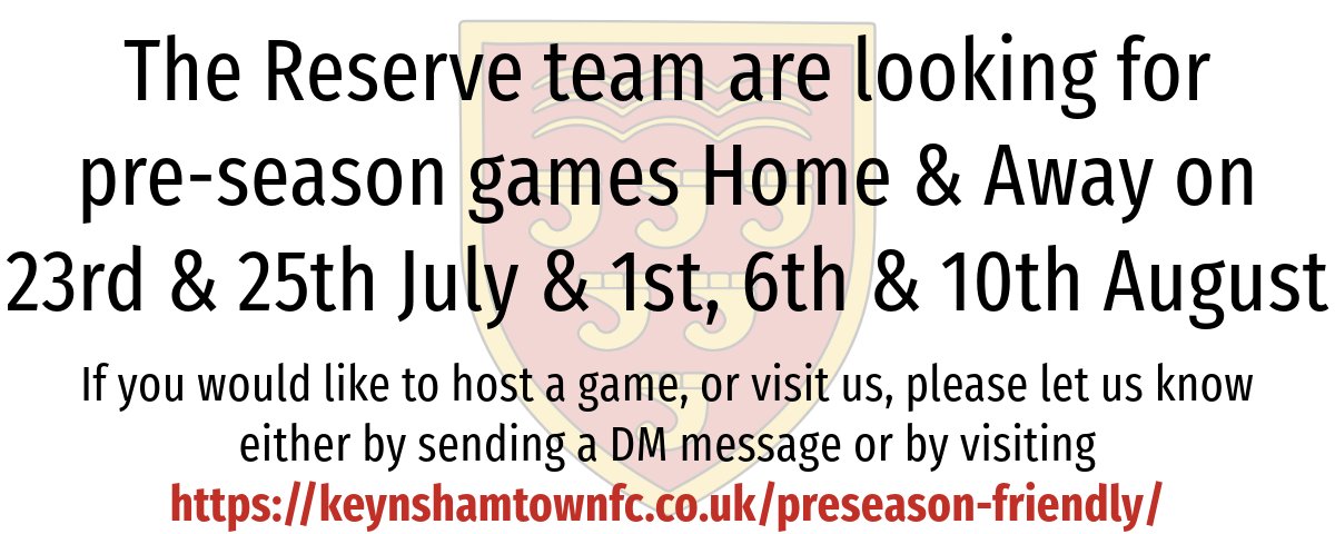 The Reserve team are looking for pre-season games Home &amp; Away on 23rd &amp; 25th July &amp; 1st, 6th &amp; 10th August

If your interested, please let us know either by sending a DM message or by visiting
keynshamtownfc.co.uk/preseason-frie…

<a href="/_WesternLeague_/">Western League</a> <a href="/somersetcfl/">Somerset County FL</a> <a href="/SMSTfriendlies/">Somerset Friendlies & Refs</a> <a href="/GlosCounty/">Glos County League</a>