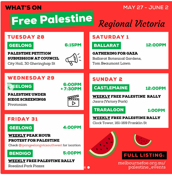 Weekly calendar of events for Palestine. Calendar by @FoEAustralia Details of events melbournefoe.org.au/palestine_even…