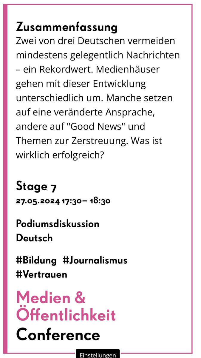 Sara Maria Manzo (@saramariamanzo) on Twitter photo Schnauze voll von #Nachrichten?🙅🏻♀️ Was <a href="/tagesschau/">tagesschau</a>, <a href="/derspiegel/">DER SPIEGEL</a> und <a href="/zeitonline/">ZEIT ONLINE</a> tun, um dich nicht zu verlieren.
Darüber diskutieren wir heute auf der #rp24. <a href="/SusaAmann/">Susanne Amann</a>, <a href="/MPilath/">Monika Pilath</a>, <a href="/JuliaBehre/">Julia Behre</a>, <a href="/antjekiessler/">Antje Kießler</a> und ich freuen uns auf euch. Kommt!
💡lnkd.in/eCP3wruv Schnauze voll von #Nachrichten?🙅🏻♀️ Was <a href="/tagesschau/">tagesschau</a>, <a href="/derspiegel/">DER SPIEGEL</a> und <a href="/zeitonline/">ZEIT ONLINE</a> tun, um dich nicht zu verlieren.
Darüber diskutieren wir heute auf der #rp24. <a href="/SusaAmann/">Susanne Amann</a>, <a href="/MPilath/">Monika Pilath</a>, <a href="/JuliaBehre/">Julia Behre</a>, <a href="/antjekiessler/">Antje Kießler</a> und ich freuen uns auf euch. Kommt!
💡lnkd.in/eCP3wruv