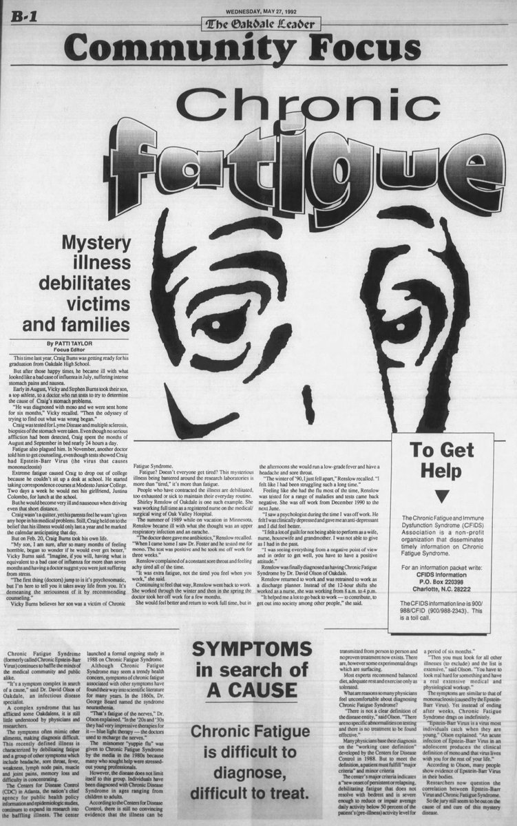 On this day thirty-two years ago. The Oakdale Leader, US. 27th May 1992. #MyalgicEncephalomyelitis #myalgice #cfsme #mecfs.
