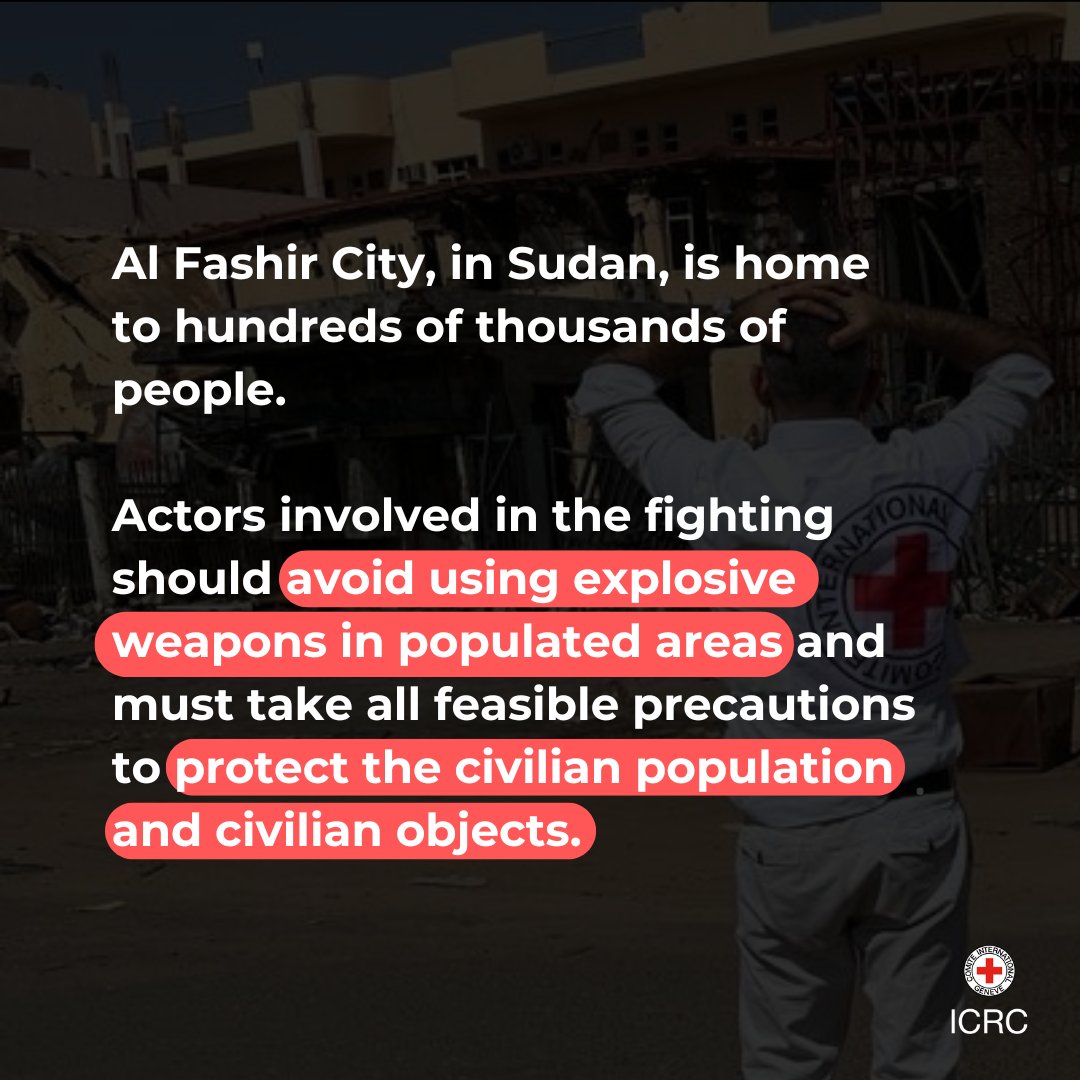 Al Fashir city is home to hundreds of thousands of people. Actors involved in the fighting should avoid using explosive weapons in populated areas and must take all feasible precautions to protect the civilian population and civilian objects. #Sudan