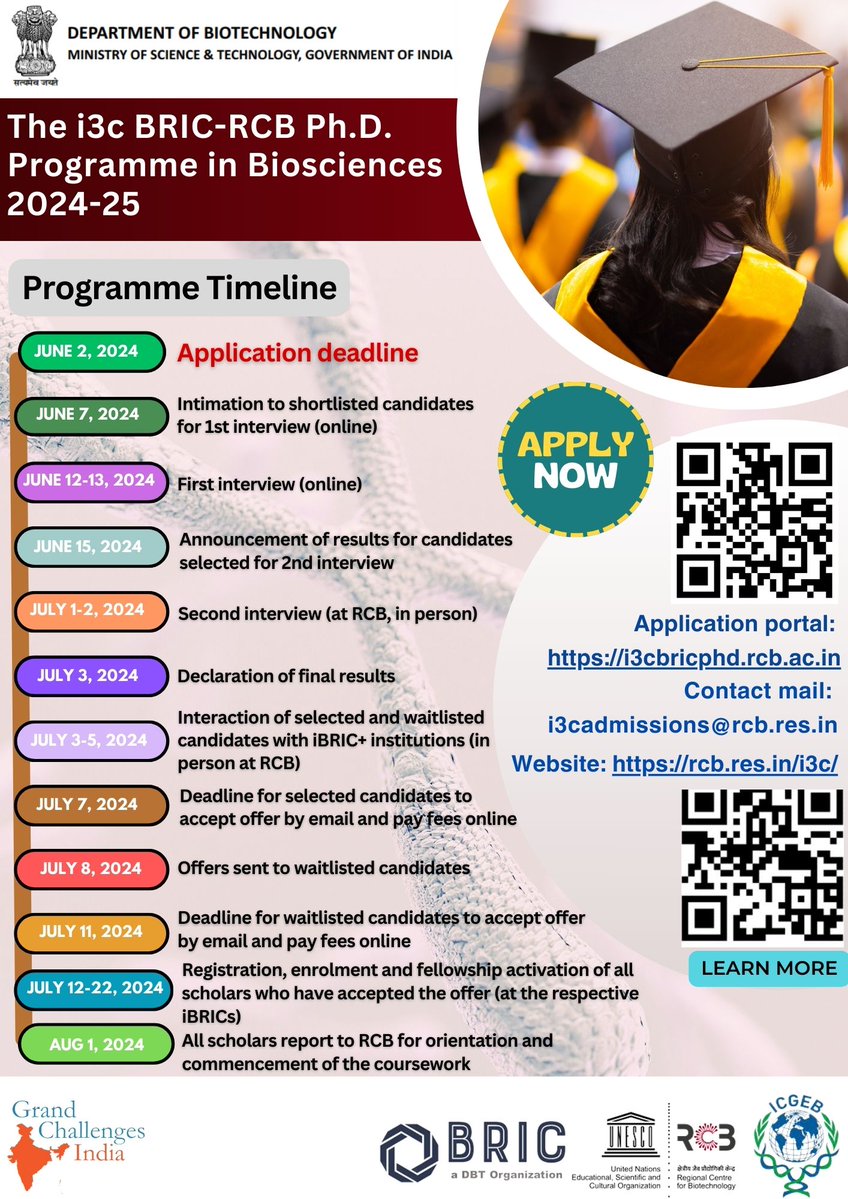 Timelines for the 'i3c BRIC-RCB Ph.D. programme in Biosciences. @DBTIndia @rajesh_gokhale @ProfSubhraNIPGR #PhD #Research #NIPGR