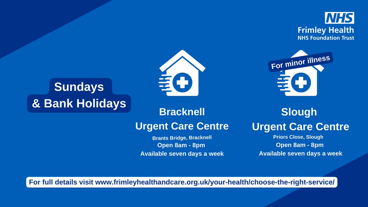 🌦️ It's Bank Holiday Monday and emergency departments may be busy - remember urgent care centres at Bracknell and Slough are open today 8am - 8pm. Please note Aldershot Urgent Care Centre is not open on bank holidays.