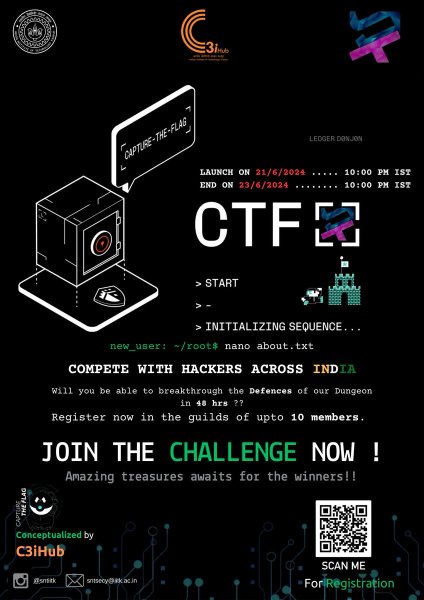 Join the Capture the Flag (CTF) competition by @sntiitk & C3iHub! 🗓 Dates: June 21, 2024, 10:00 PM IST - June 23, 2024, 10:00 PM IST 🔒 Compete with hackers across India, form teams (up to 10), and win amazing prizes! 🔍 Register here: forms.gle/uRsbdwd62pJZsF…