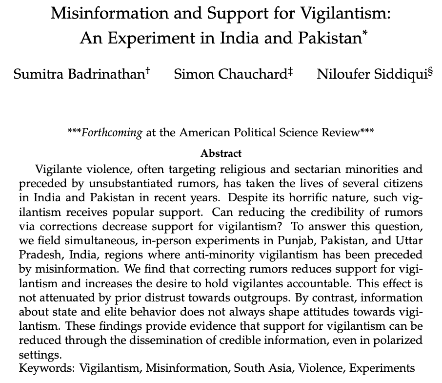 SimonChauchard's tweet photo. 🚨 Now forthcoming at the APSR: 

We @KhariBiskut @NiloSiddiqui &amp; myself explore a grim and topical question. 

We show that misinformation drives support for vigilantism in India/Pakistan, but that correcting rumors *can* change these downstream effects of misinformation.

1/2 https://t.co/iNW2OJ3X3W