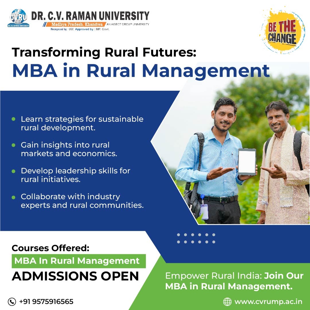 Transform Rural India with our MBA in Rural Management! Learn sustainable development strategies, understand rural markets, and develop leadership skills. Collaborate with industry experts and make a real impact. Admissions open – join us today!

#RuralManagement