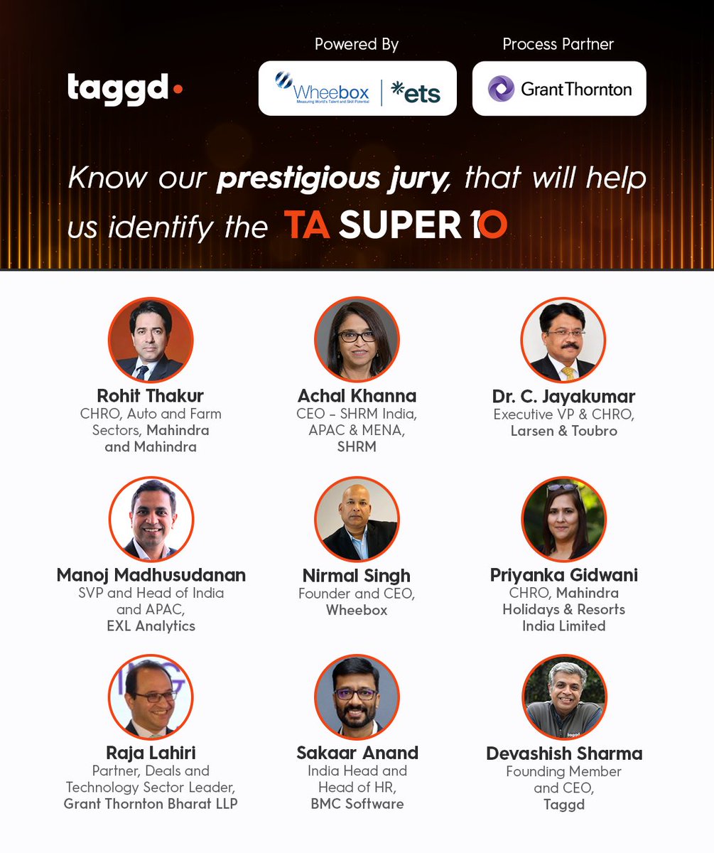Introducing Our Esteemed TA Super 10 Jury! We're thrilled to unveil the all-star panel judging the TA Super 10 this year! Get ready to be wowed by the winners – coming soon! #TASuper10 #HR #CHRO #TalentAcquisition #Innovation #diversity #employeemapping #recruitment
