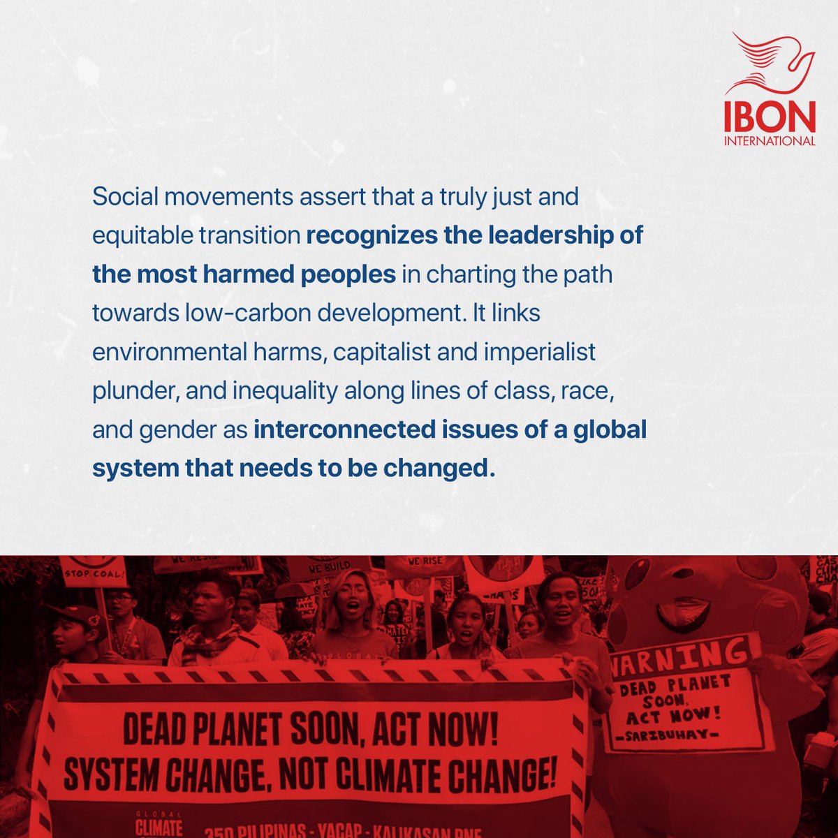 Social movements assert that a truly just and equitable transition recognizes the leadership of the most harmed peoples in charting the path towards low-carbon development, linking environmental harms, capitalist plunder, and inequality as systemic issues. #JustTransition (4/4)