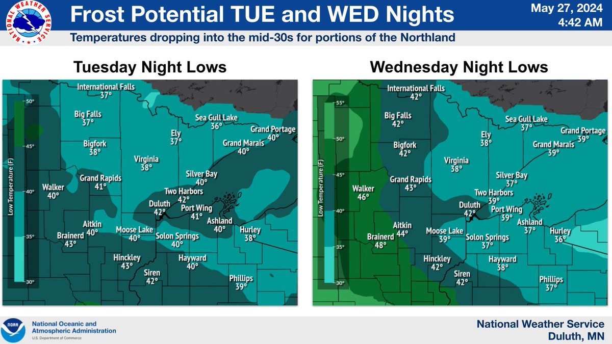 Temperatures dropping into the mid-30s for northern Minnesota on Tuesday night and the Arrowhead and Northwest Wisconsin on Wednesday night may lead to frost. Keep up to date on this frost potential over the next few days via weather.gov/forecastpoints #mnwx #wiwx