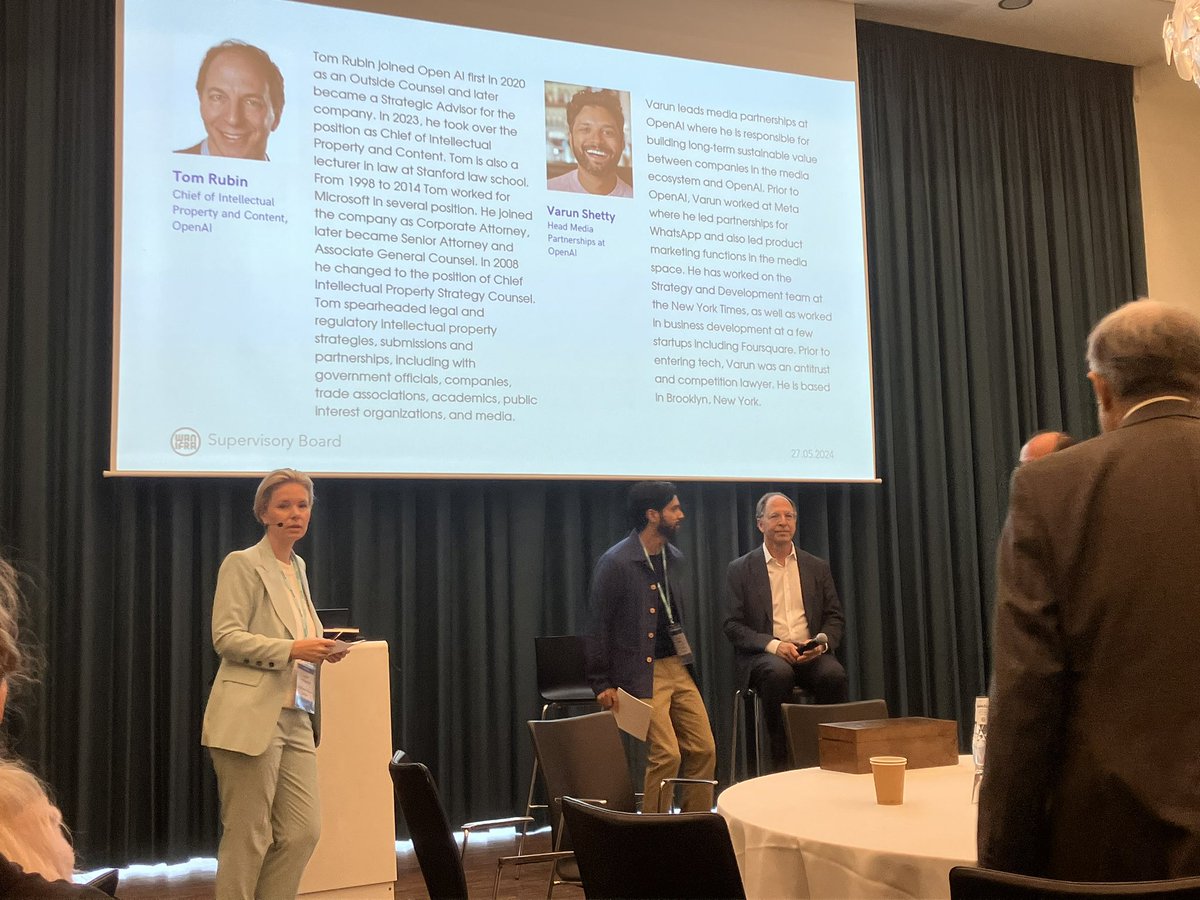 Interesting, but slightly frustrating speech from <a href="/tomrubin/">Tom Rubin</a> &amp; Varun Shetty from <a href="/OpenAI/">OpenAI</a> at #WNMC24 : if value comes from traffic (publishers heard that song before…), what is the purpose of the deals closed with a few players, which apparently involve cash ? #IA #press