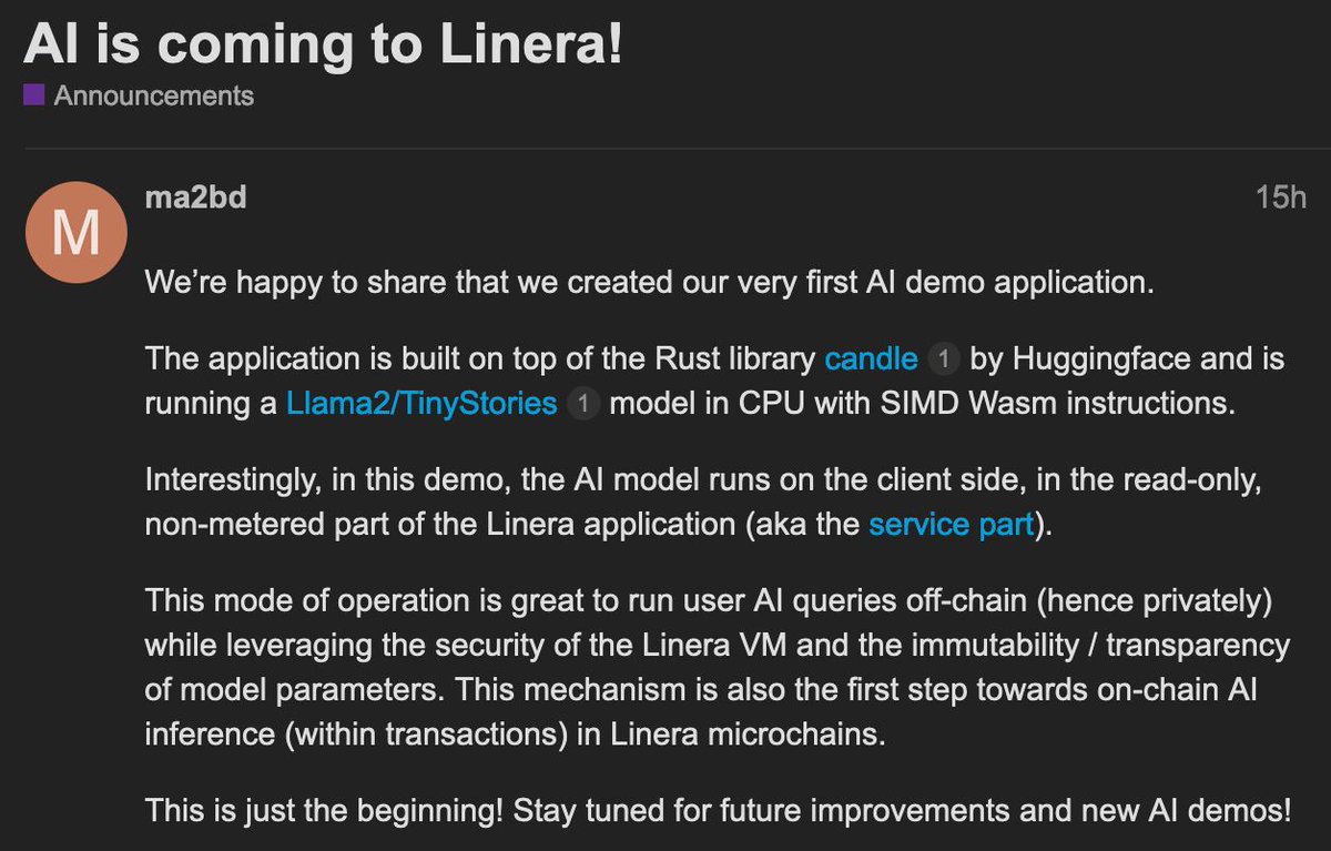 The IA demo app demonstrates how #Linera securely stores and serves model parameters, ensuring accurate #AI responses and user privacy, setting the stage for future AI integration with Linera's validator network