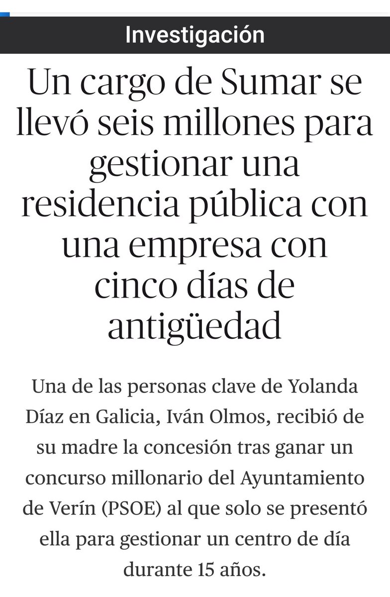 📢 Estáis Yoli !! 📢Algo que decir @Yolanda_Diaz_ Un cargo de Sumar se llevó seis millones para gestionar una residencia pública con una empresa con cinco días de antigüedad meneame.net/m/actualidad/c…