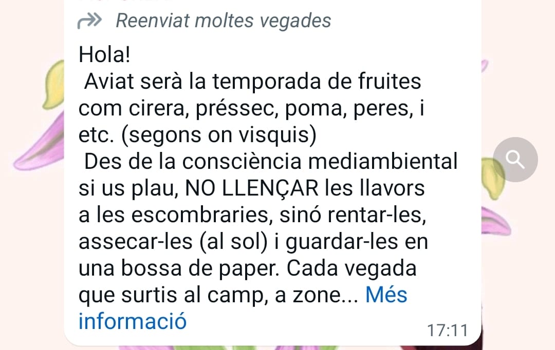 Vejam, hem rebut aquest missatge a whatsapp 🥴 Llançar llavors 'random' al camp NO ajuda a combatre la crisi climàtica i, fins i tot, pot ser un problema 🌱⚠️ Us expliquem per què és una informació falsa.