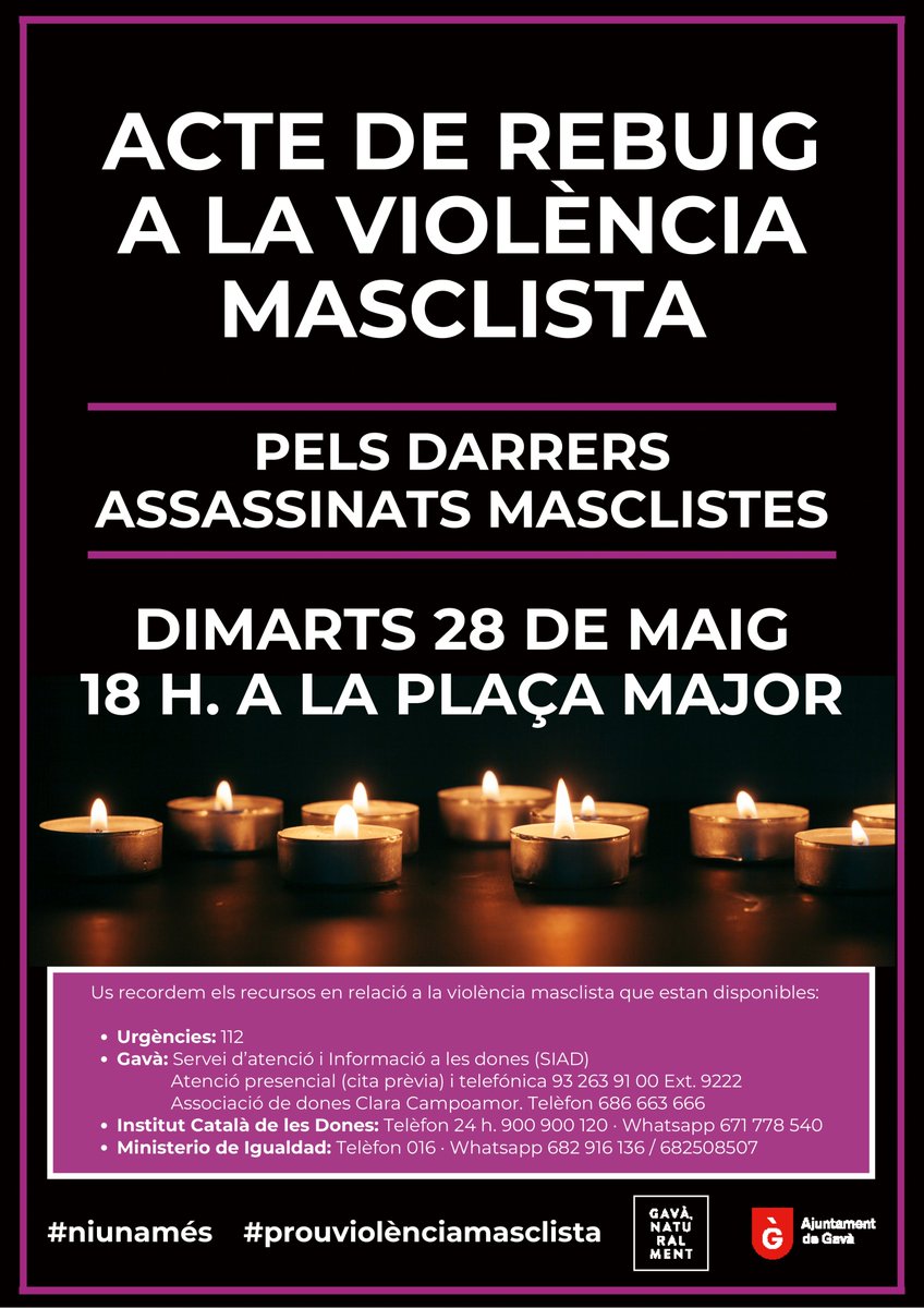🖤👱🏼‍♀️ ACTE REBUIG Violència masclista | Demà dimarts 28 de maig Com cada últim dimarts de cada mes, des de l'Ajuntament farem un sentit homenatge a les víctimes de la violència de gènere. 📅 Dimarts 28 de maig ⏰ 18 h 📍 Plaça Major de #Gavà
