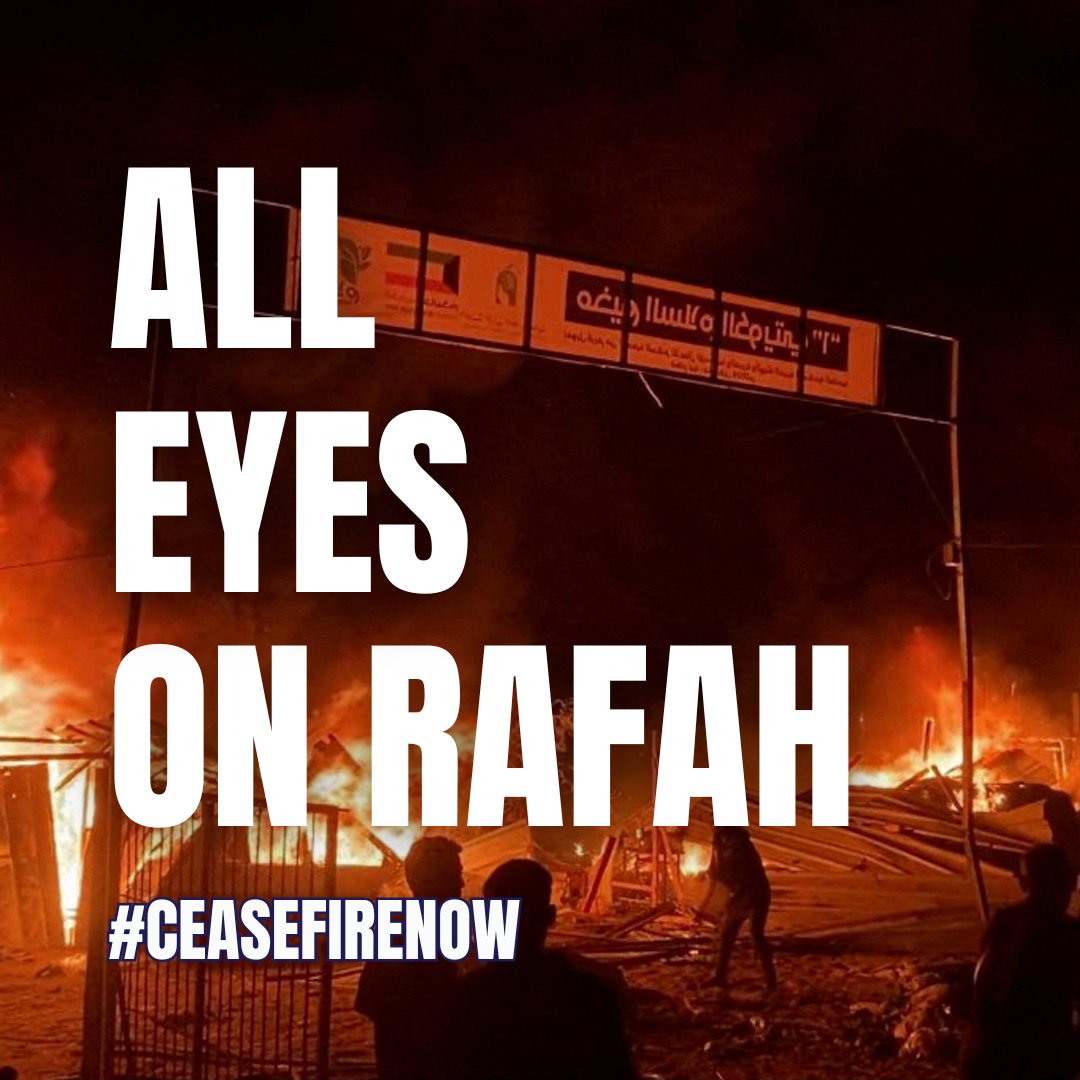 Israël bombarde des déplacés. Israël cible une zone désignée par elle-même comme « humanitarian safe place ». Israël se moque du droit international. Combien de temps encore les États laisseront-ils faire ? #Rafah #CeaseFireNow