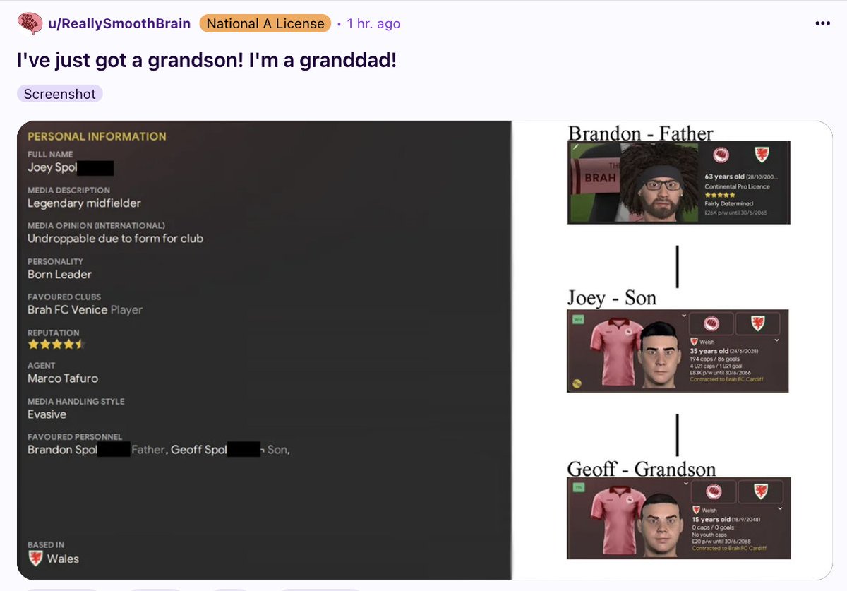 nocontextfm1's tweet photo. You know you've played too much Football Manager when you've got a GRANDSON in the game https://t.co/1TYUCHeM1D