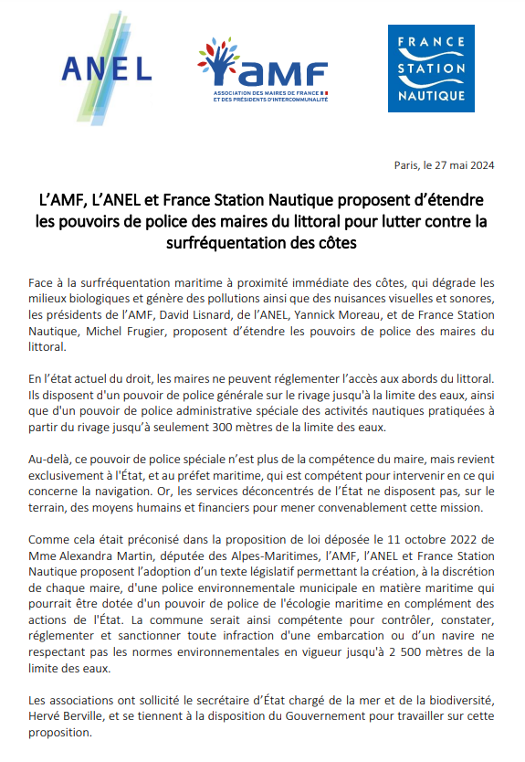 🔴 [COMMUNIQUE DE PRESSE] Face à la surfréquentation maritime à proximité immédiate des côtes, qui dégrade les milieux biologiques et génère des pollutions ainsi que des nuisances visuelles et sonores, les présidents de l’AMF, David Lisnard, de l'@anel_asso , Yannick Moreau et de