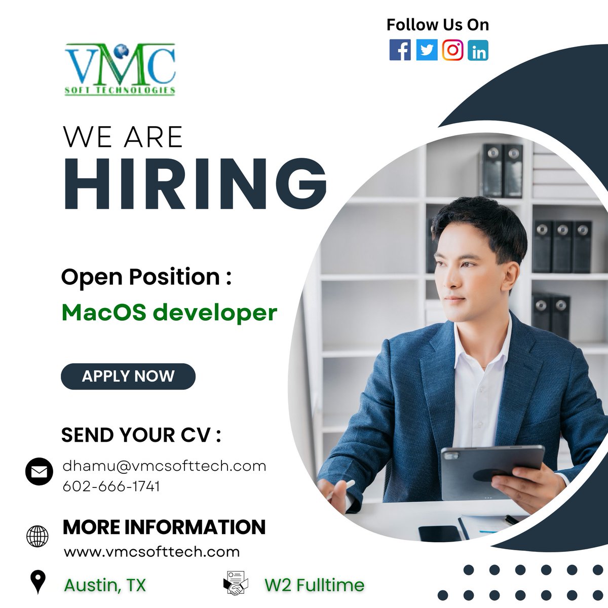 VMC Soft Technologies looking for a MacOS developer in Austin,TX Job Title: MacOS developer Locations: Austin,TX Contract: W2 Full-Time For more details: dhamu@vmcsofttech.com/ 602-666-1741 ...... Apply Now: vmcsofttech.com/careers/ #iosdeveloper #ios #androiddeveloper