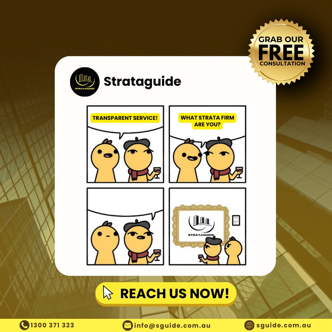 Transparent service attainable with Strataguide. Grab our FREE consultation NOW!

#strata #stratamanager #propertymanagement #australiapropertymanagement #stratamanagement #australiastratamanagement #yourstrataservices #strataproperty #ownerscorporation