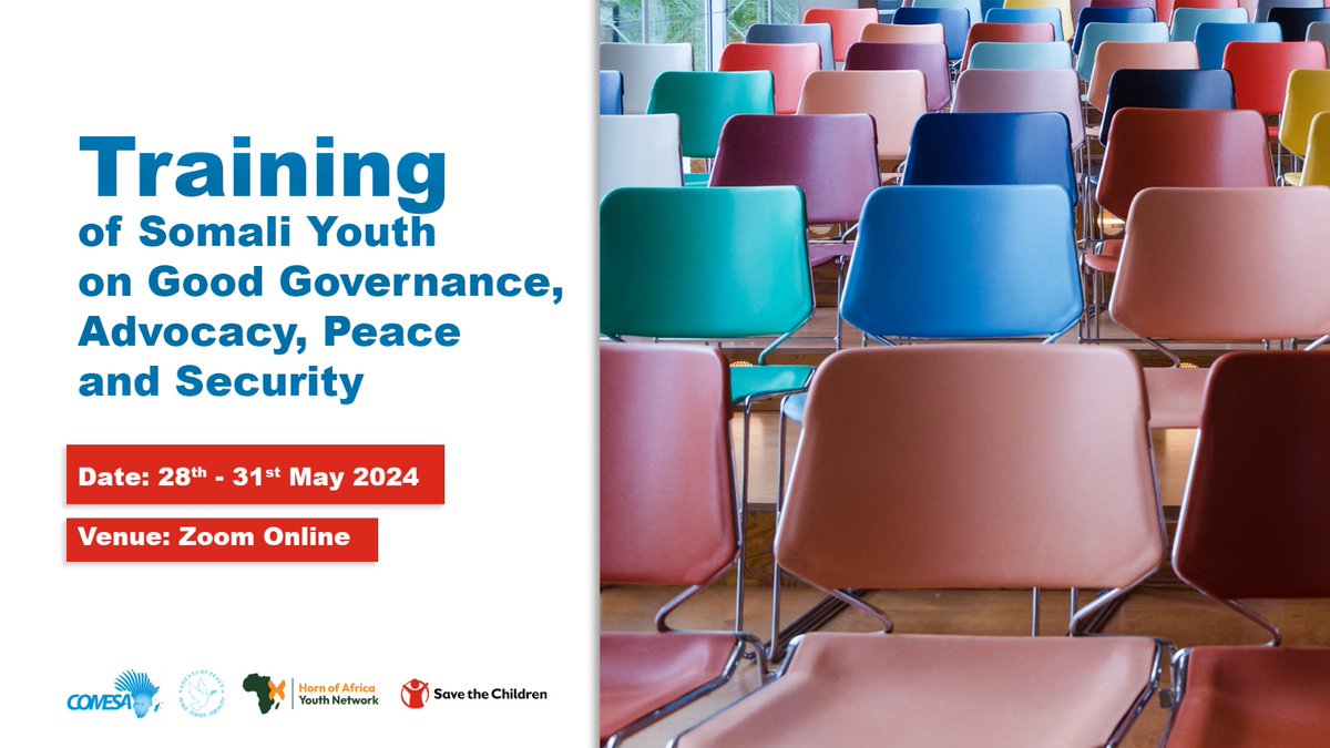 HAPPENING THIS WEEK!!!

@COMESA_GPS in collabo w/ @SC_ESA_RP, @HornofAYN and @agentsofpeace_ is convening a 4 days comprehensive capacity-building of Somali youth in a bid to empower them on Leadership, Good Governance, Lobbying, Advocacy, Campaigns, Peace & Security.
#Y4P 🇸🇴