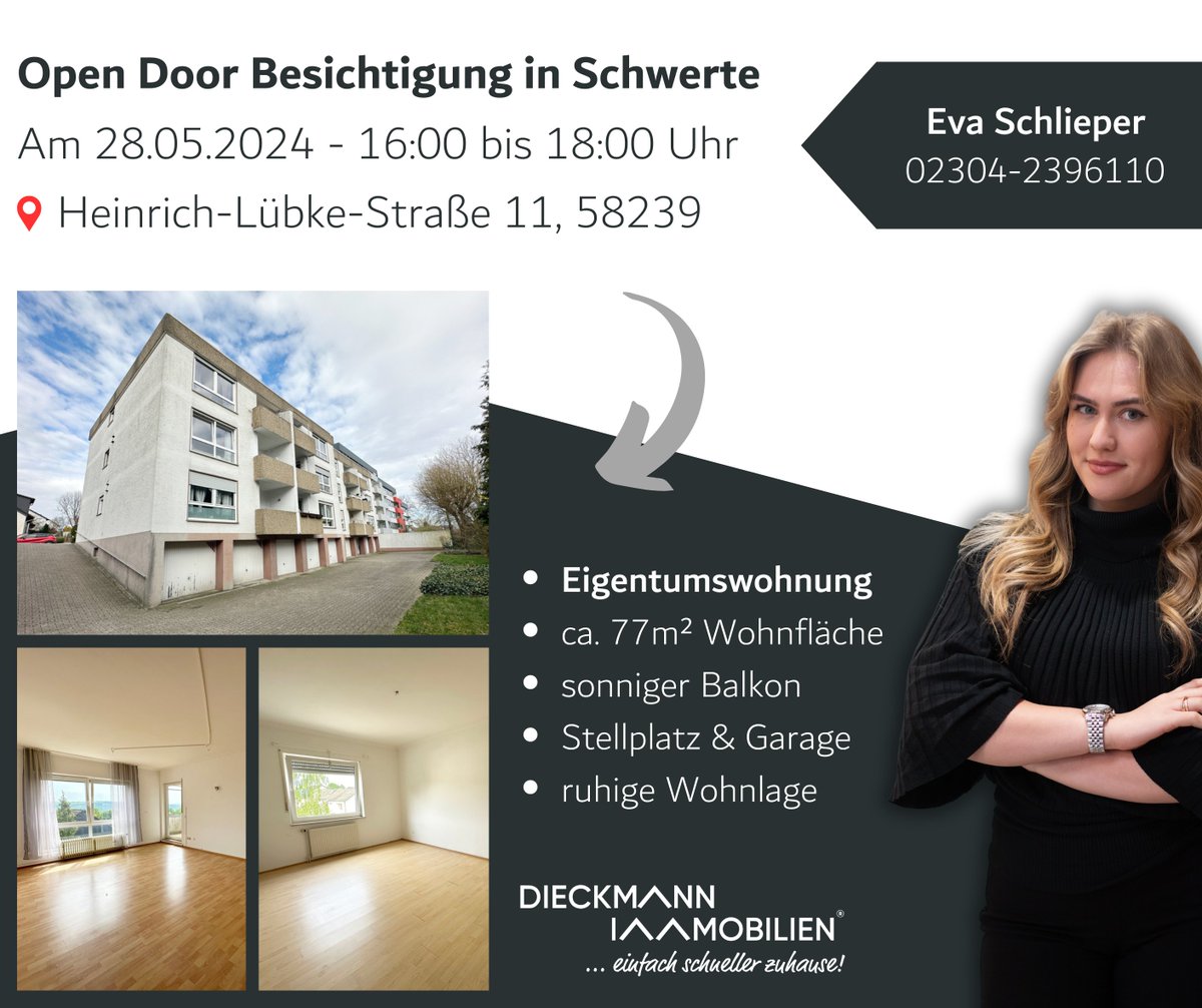 Wir laden Sie zu einer #OpenHouse #Besichtigung in eine #Eigentumswohnung im beliebten #Schwerte #Geisecke ein 🏠

Was? Open House Besichtigung am 28.05.2024
Wann? Von 16:00 bis 18:00 Uhr
Wo? Heinrich-Lübke-Straße 11, 58239 Schwerte

📆 Alle Informationen:
dieckmann-immobilien.de/open-door-besi…