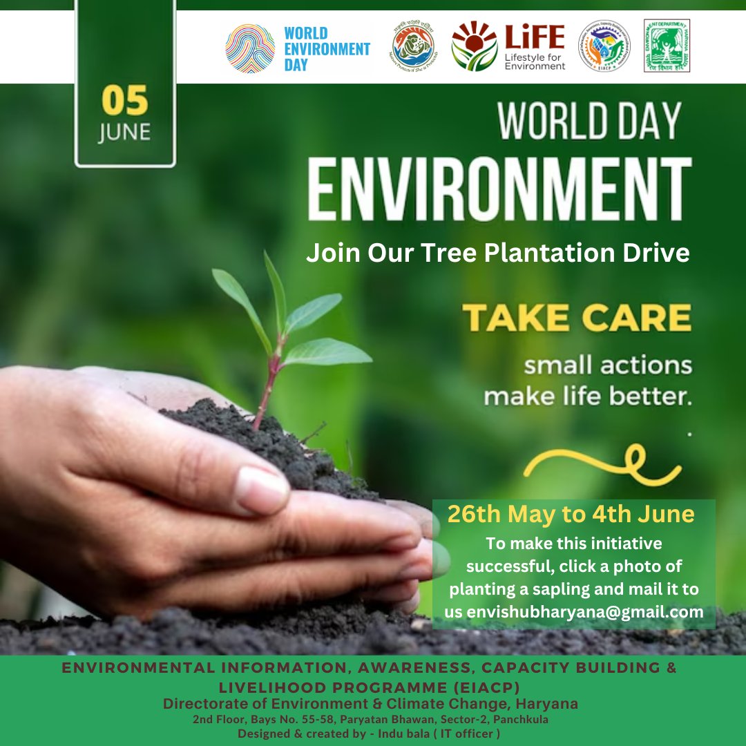 HubEIACP's tweet photo. On the occasion of #WorldEnvironmentDay2024, EIACP Hub Haryana is going to organize an Online Tree Plantation Drive for school students and the general public to save the endangered environment and to beautify our lives.

Mail us : envishubharyana@gmail.com https://t.co/WeID1RfYtT
