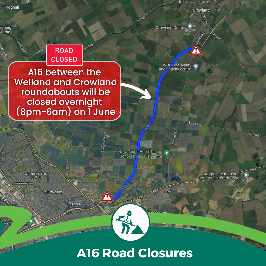 There will be the following road closures for carriageway surface improvements, line painting and sign erection: 🚧 A16 between B1443 and Crowland roundabouts 📅 30 May 🕗 8pm-6am and 📅 2 June 🕗 8am-5pm 🚧 A16 between Welland and Crowland roundabouts 📅 1 June 🕗 8pm-6am