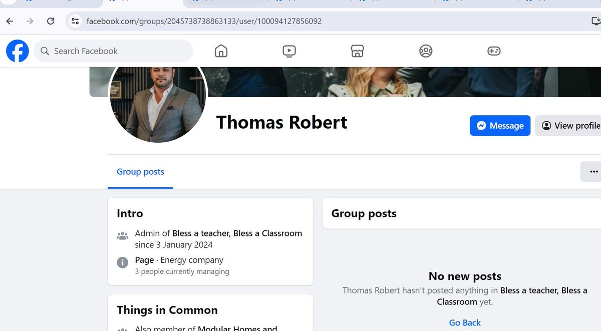 Bless a teacher, Bless a classroom Facebook group has been hijacked and stolen by Thomas Robert (below) buff.ly/3WNFDu0
Please DM/ comment with your info on #FacebookPrivacy #FBHackAlert #FBHackers #stolenfacebookgroups @meta <a href="/facebook/">Facebook</a>