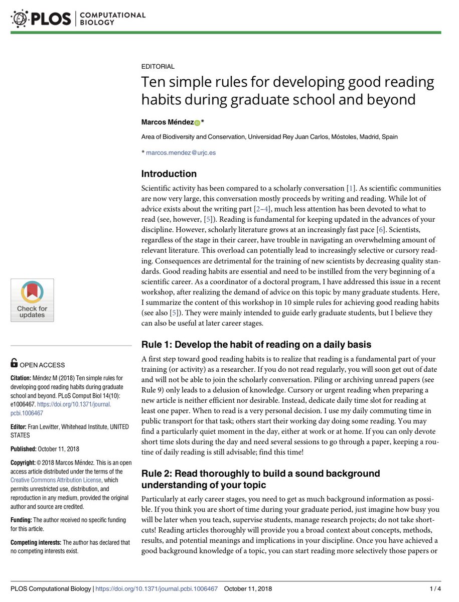 Ten simple rules for developing good reading habits during graduate school and beyond (1/4) @PLOSCompBiol #paperwriting #PhD #PhDlife #academics #AcademicChatter #AcademicTwitter