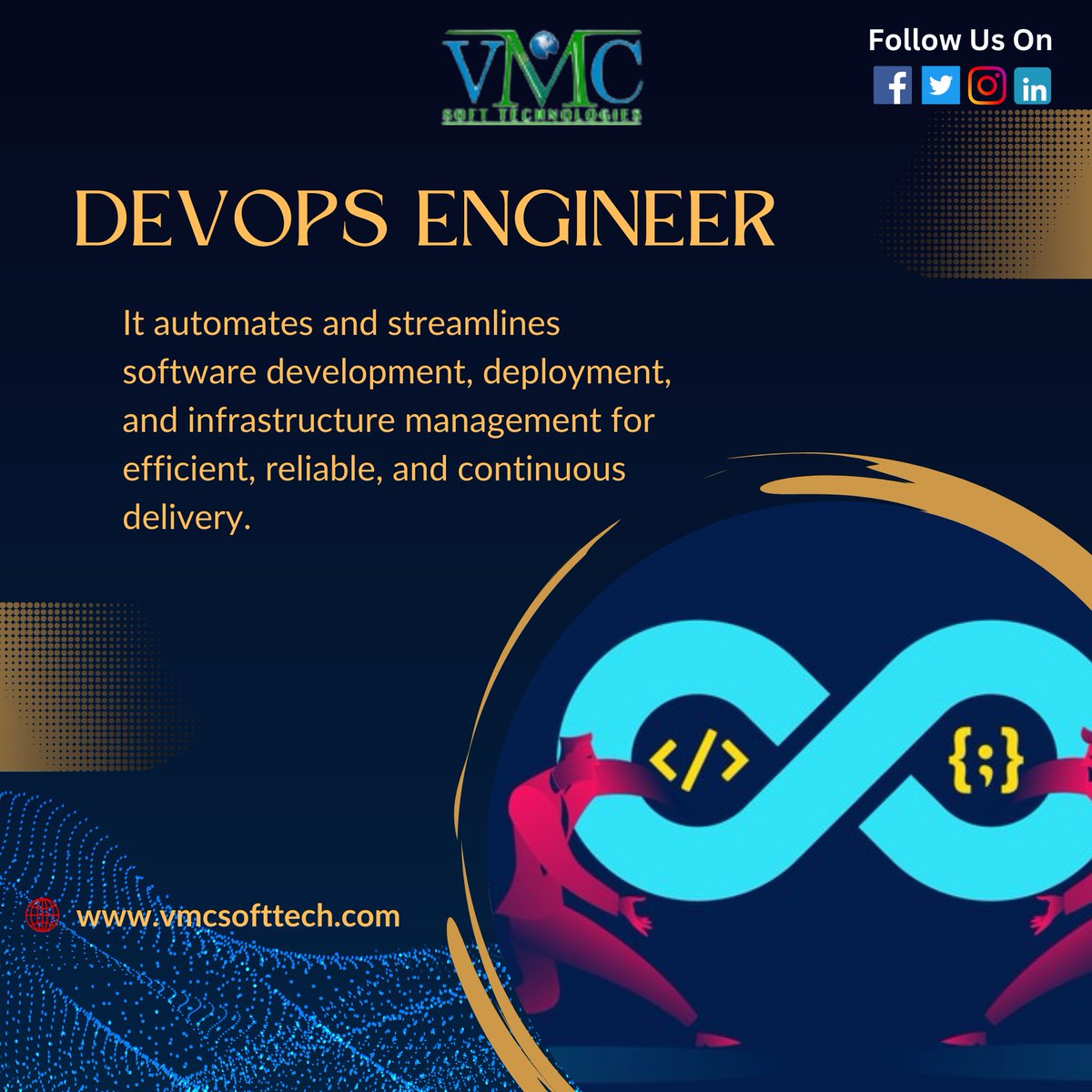 Crafting efficient solutions with code and automation, we bridge the gap between development and operations. FOR MORE INFORMATION: WEBSITE : vmcsofttech.com #DevOps #DevOpsEngineer #Automation #CloudComputing #CI_CD #InfrastructureAsCode #TechLife