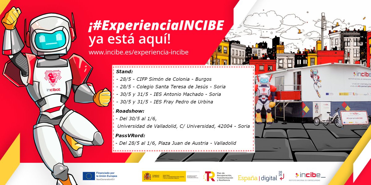 ¡Aprovecha la oportunidad para mejorar tus conocimientos en #ciberseguridad con la #ExperienciaINCIBE! Esta semana, nuestro roadshow 🚍, stand 🎪 y la experiencia de realidad virtual 🥽 estarán en estas localizaciones. incibe.es/experiencia-in… #NextGenerationEU