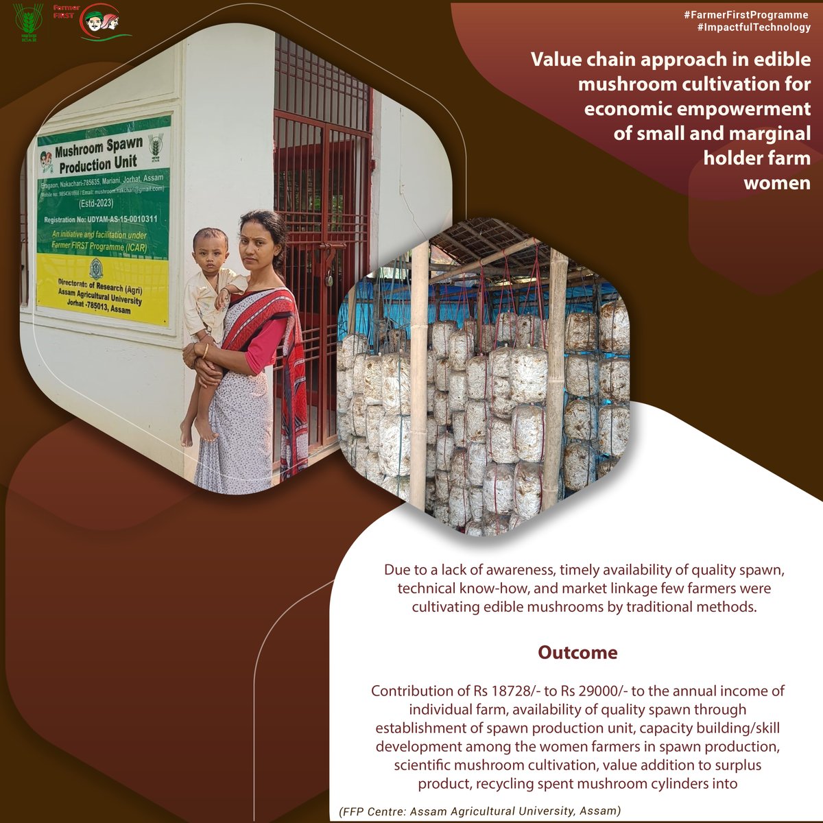 Value chain approach in edible #mushroom cultivation for economic empowerment of small and marginal holder farm women. #ICAR #FarmerFirstProgramme #impactfultechnology #Agriculture #farming @PMOIndia @mygovindia @PIB_India @AgriGoI @DDKisanChannel @Dept_of_AHD