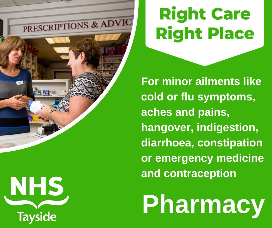 Your community pharmacy can offer advice and treatment for minor ailments. Please consider visiting a pharmacy before calling your GP or NHS24 as many ailments do not require you to see a doctor. For more information visit ⬇️ rightcaretayside.scot.nhs.uk