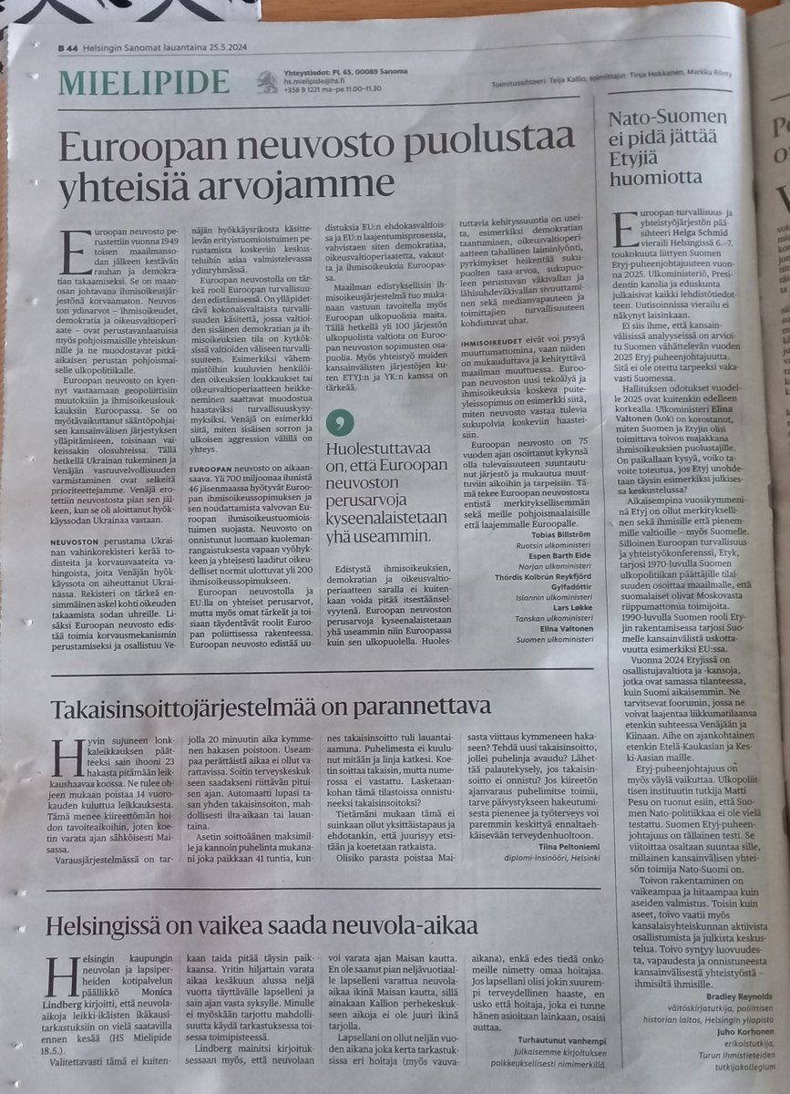 Kiva mielipidesivu @HS lauantain lehdessä! #Euroopanneuvosto ja #Etyj   

Juho Korhonen ja minä kirjoitimme "Nato-Suomen ei pidä jättää Etyjiä huomiotta." 

hs.fi/mielipide/art-…

Kiitos <a href="/JugaTopi/">Topi Juga</a> ja <a href="/OlliNurmi/">Olli Nurmi</a> toimituksesta!