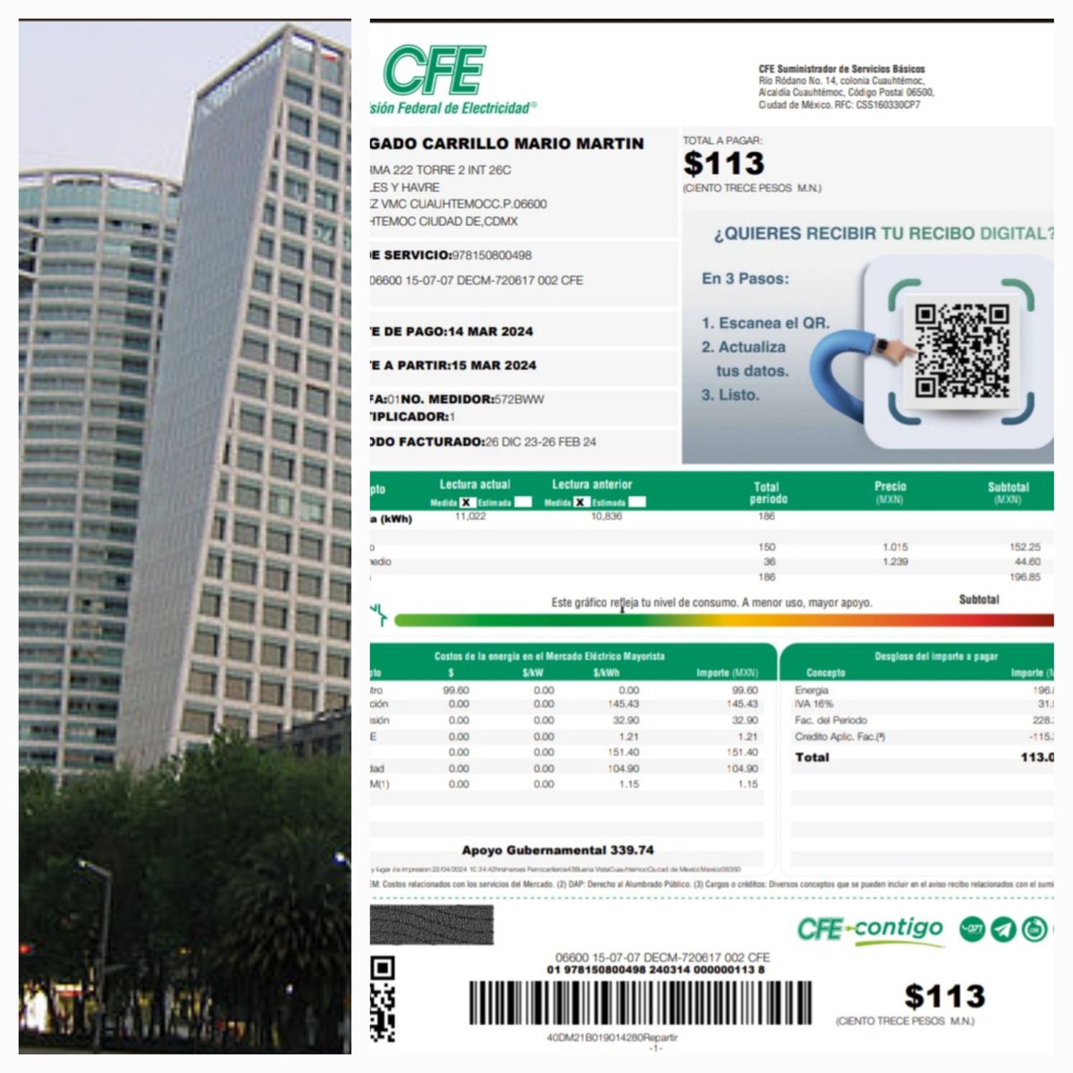 luzelenachavez8's tweet image. Resulta que Mario Delgado es dueño de un departamento de alrededor de 20 millones de pesos, en Reforma 222, Torre 2. Este complejo lo construyó la familia Daniel, favoritos de López Obrador y de Claudia Sheinbaum. 
Y paga 113 pesos por consumo de luz.