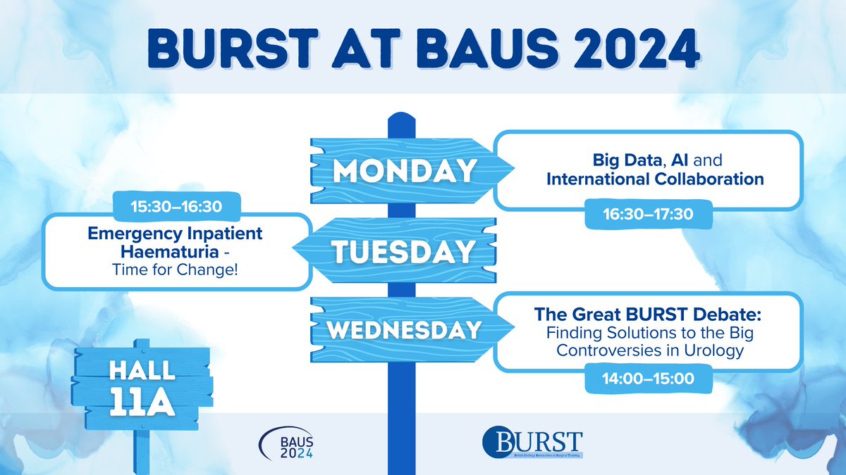 🚨 #BURSTatBAUS24 🚨 ‼️ Mark your calendars for #BAUS24 & join us in our action-packed sessions😎: 🌍 Monday: Big Data, #AI, and International Collaboration 🩸 Tuesday: Emergency Inpatient #Haematuria 🆚 Wednesday: The Great BURST Debate 💬 📍 Hall 11A @BAUSurology #UroSoMe