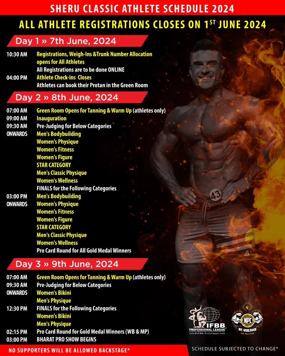 𝗔𝗧𝗛𝗟𝗘𝗧𝗘 𝗦𝗖𝗛𝗘𝗗𝗨𝗟𝗘 ● 7th - 9th June 2024 | @steadfastnutrition presents @sheruclassic @npcworldwideofficial 

Open to Athletes Worldwide 🌐 Last Few Days to Get Registered ! NO ON-SPOT REGISTRATIONS will be entertained at the Venue 

Athlete Registration 🔗 Link In