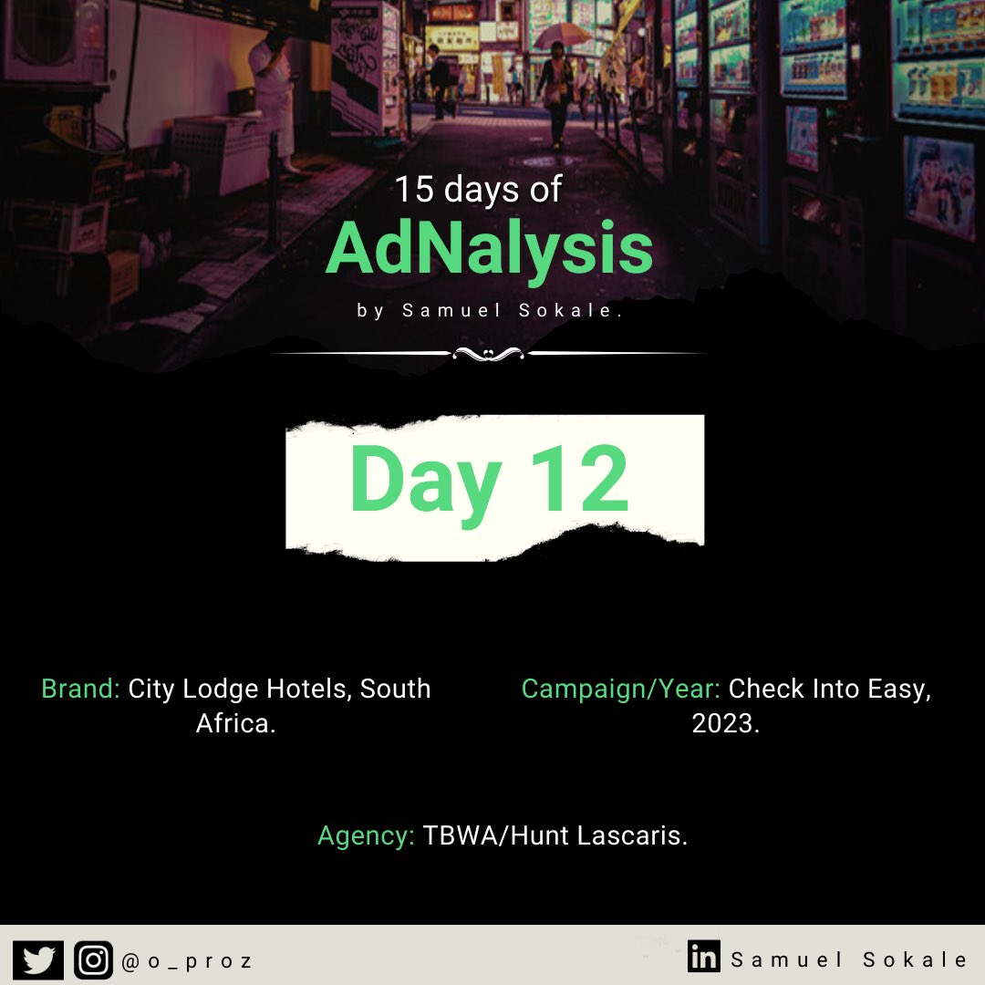 o_proz's tweet photo. Day 12 of #15daysofadnalysisbysamuelsokale.
Ad Campaign by @TBWAHunts for @CityLodgeHotels
▫️Watch the Ad.
▫️See my analysis.
▫️Leave your thought.
#15daysofadnalysis #advertising #accountplanning #strategy #citylodgehotels https://t.co/g22m3X6Idk