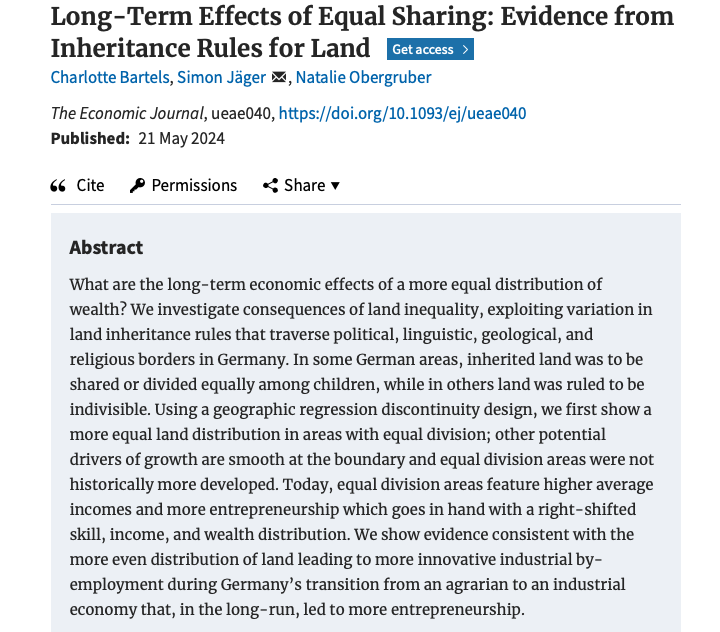 A more equal wealth distribution in some 🇩🇪areas led to "higher average incomes and more entrepreneurship which goes in hand with a right-shifted skill, income, and wealth distribution... more innovative industrial by-employment during transition"

New paper in Economic Journal