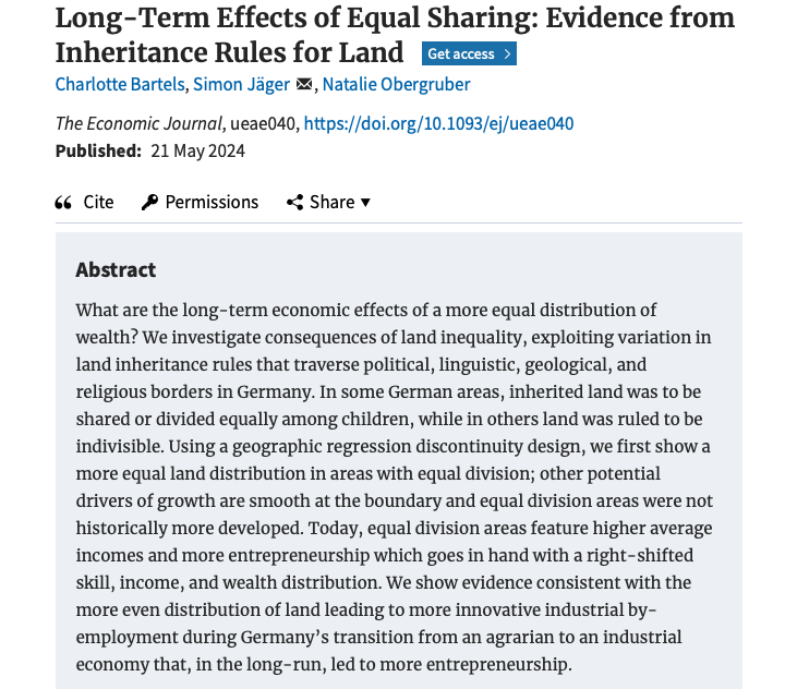 A more equal wealth distribution in some 🇩🇪areas led to 'higher average incomes and more entrepreneurship which goes in hand with a right-shifted skill, income, and wealth distribution... more innovative industrial by-employment during transition' New paper in Economic Journal