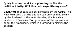 Kisty's tweet photo. Explaining to my friends that when pursuing an annulment, only one party can file a petition. If the court finds out the husband and wife both agreed to the annulment, the case is dismissed.
Weird, right? That's why we need #DivorcePH. https://t.co/p48ml6nC8S