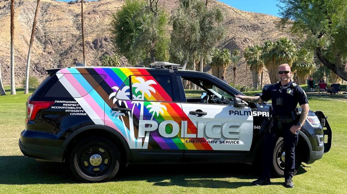 Palm Springs Police Dept spent your tax dollars painting police cars to signify that they’re pro child m*tiIat*on and c*strat*on. Gavin Newsom’s California.