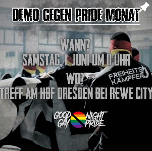 Die Gruppe 'Elblandrevolte', die höchstwahrscheinlich auf den Angriff auf den SPD Politiker @MattEcke beteiligt war, plant am Samstag eine Demo gegen den @CSDdresden. 11 Uhr am Rewe Hauptbahnhof. Genau da, wo viele junge queere Menschen anreisen.