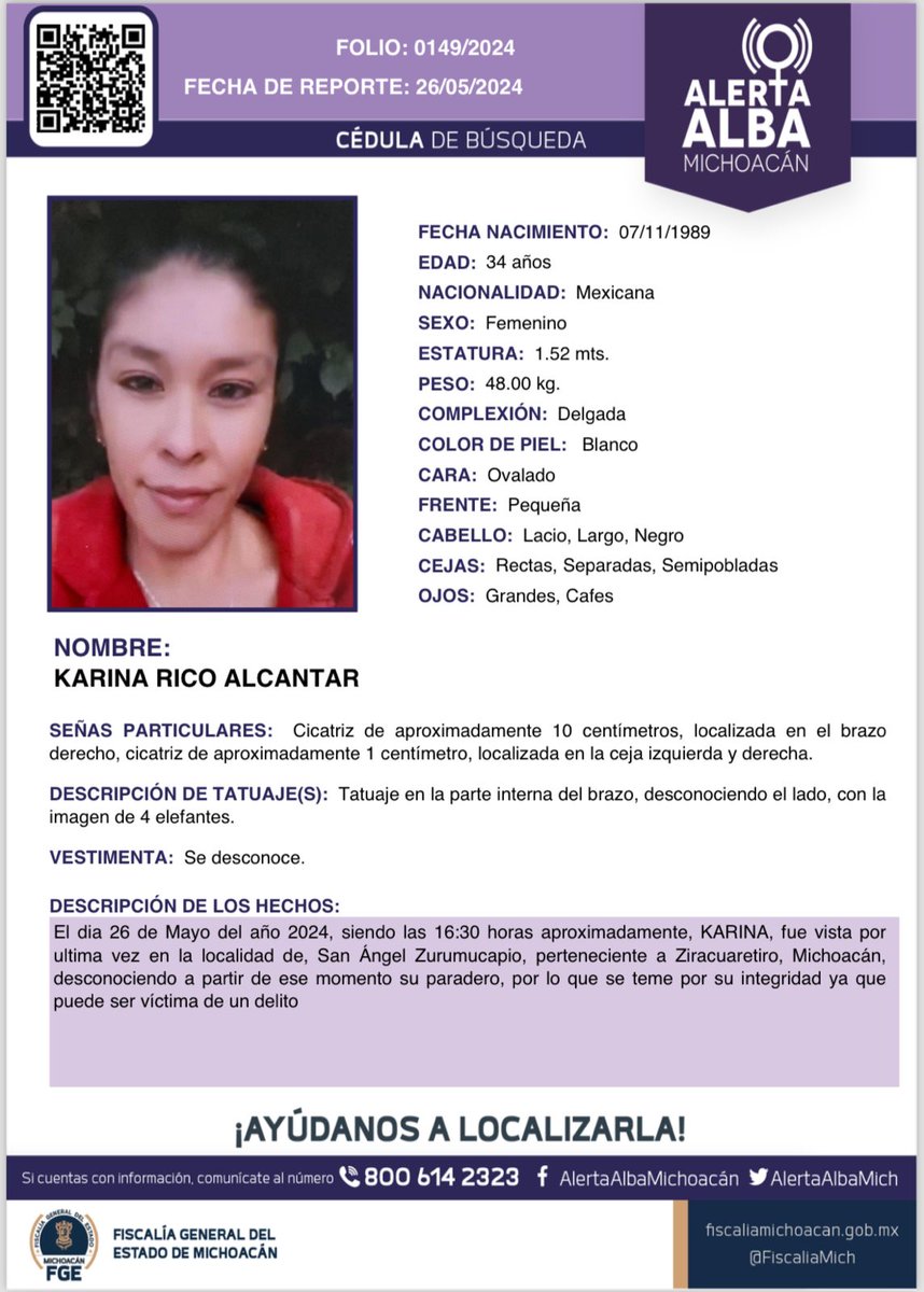 ⚠️🟣 Solicitamos su apoyo para la búsqueda y localización de KARINA RICO ALCANTAR de 34 años de edad. #Comparte #AlertaAlba #AlertaAlbaMichoacán #AyúdanosAEncontrarla #FGEMich @botDesaparecidx